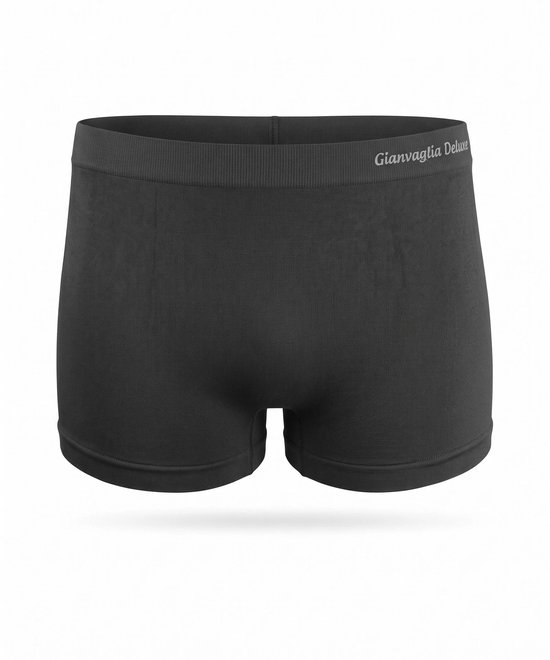 Donkergrijze short met zilverkleurige merknaam 'Gianvaglia Deluxe' op de tailleband.