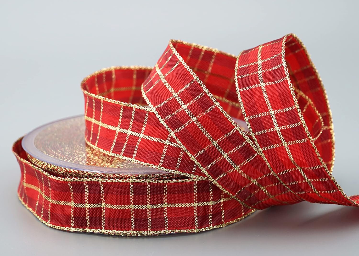 20 m x 25 mm Karo kerstlint rood goud (151) met Lurex draadkantlint decoratielint cadeaulint Schotse ruit glansband gouden rand draad lint winter Christmas Check