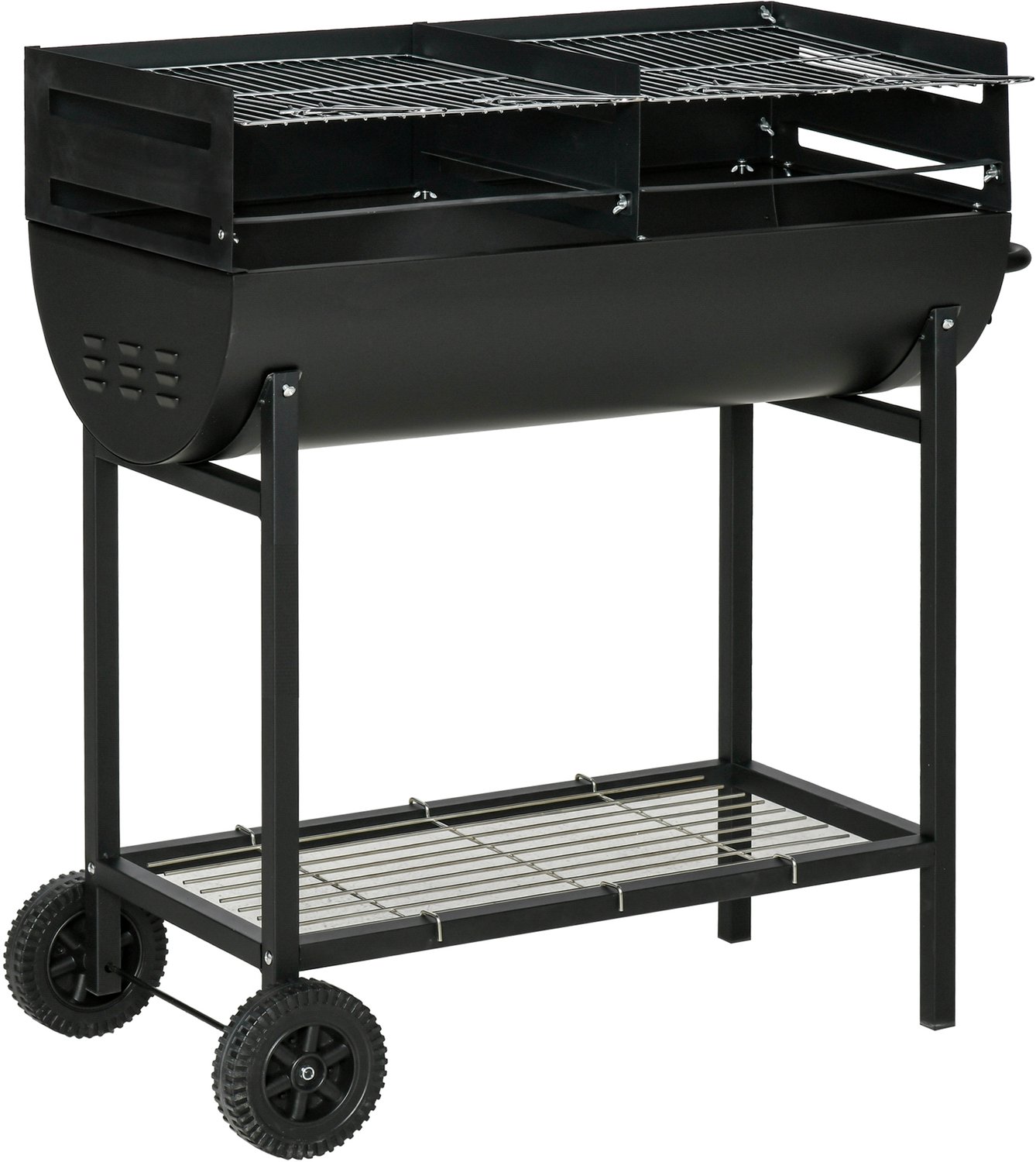 Stalen barbecue met 2 aparte grillroosters, 2 wielen en een onderste plank | Zwart | 90 cm x 45 cm x 96 cm