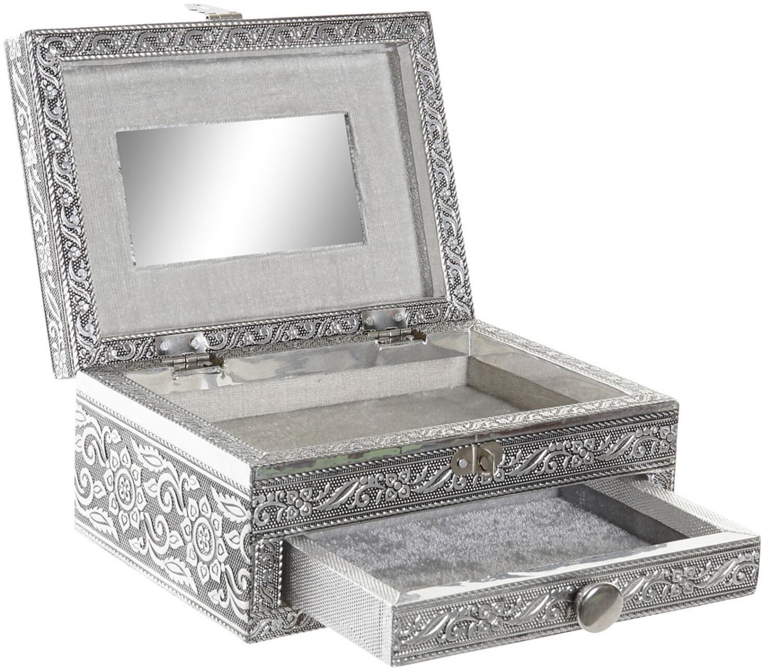 Item International Sieradenkistje Ornaments - 17 x 12 x 8 cm - zilver - Juwelenkistje - deksel - vakjes - spiegel - Luxe cadeau