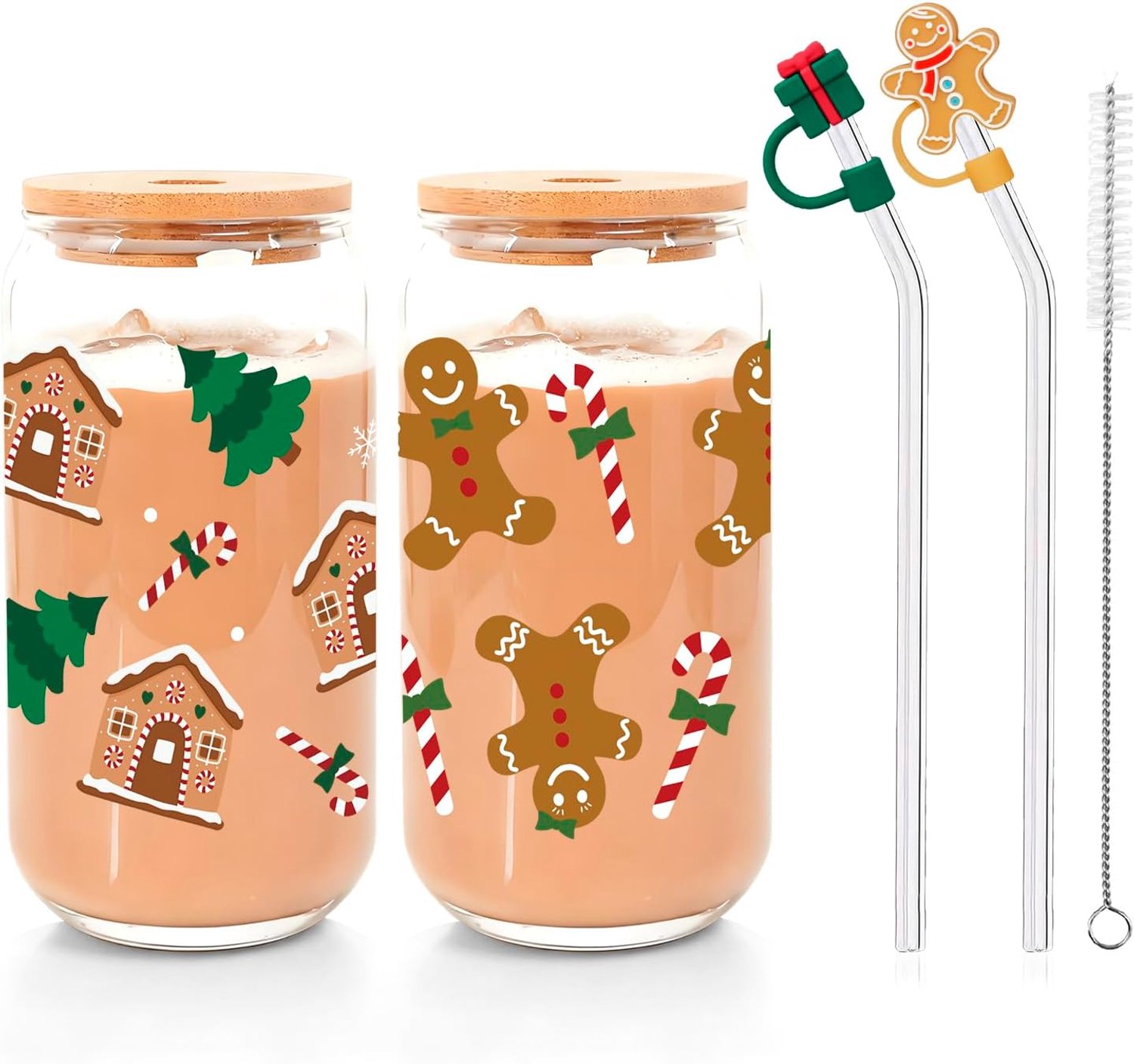Kerstglazen, 473 ml, drinkglazen met deksel en rietje, peperkoekman-kerstboom, kerstbeker met rietje, kerstcadeaus voor vrouwen, mannen, kinderen