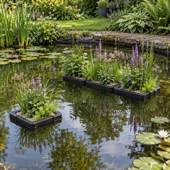 Drijvend vijver-eiland met vierkante rand, gevuld met diverse waterplanten met paarse bloemen en groene bladeren. Staat in een vijver met lelies.