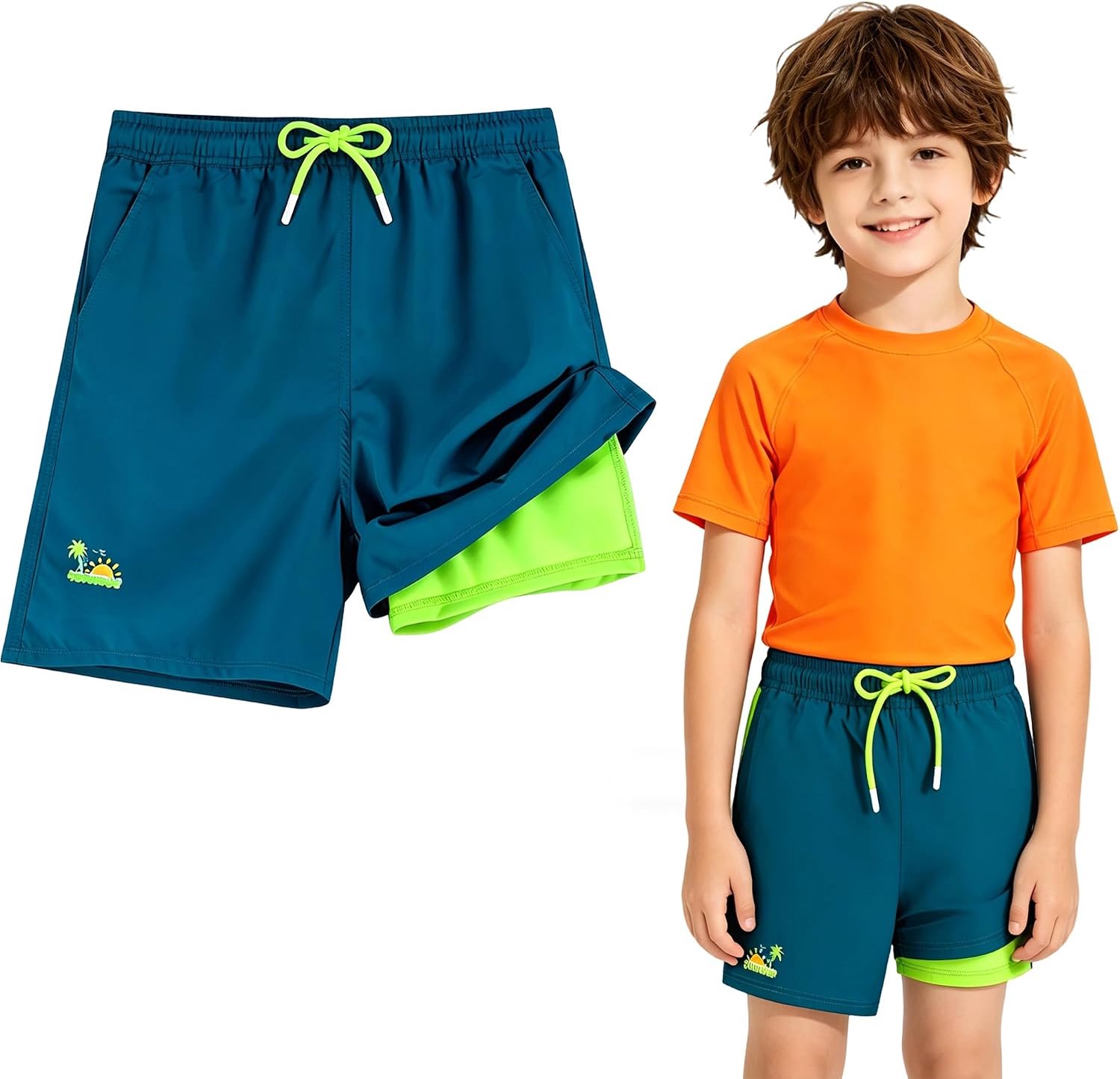 Zwemshorts voor kinderen, sneldrogend, met compressiecoating, 2-in-1 zwembroek voor jongens met zakken, verstelbaar trekkoord, strandshorts voor kinderen, voor zee, zwembad, surfen