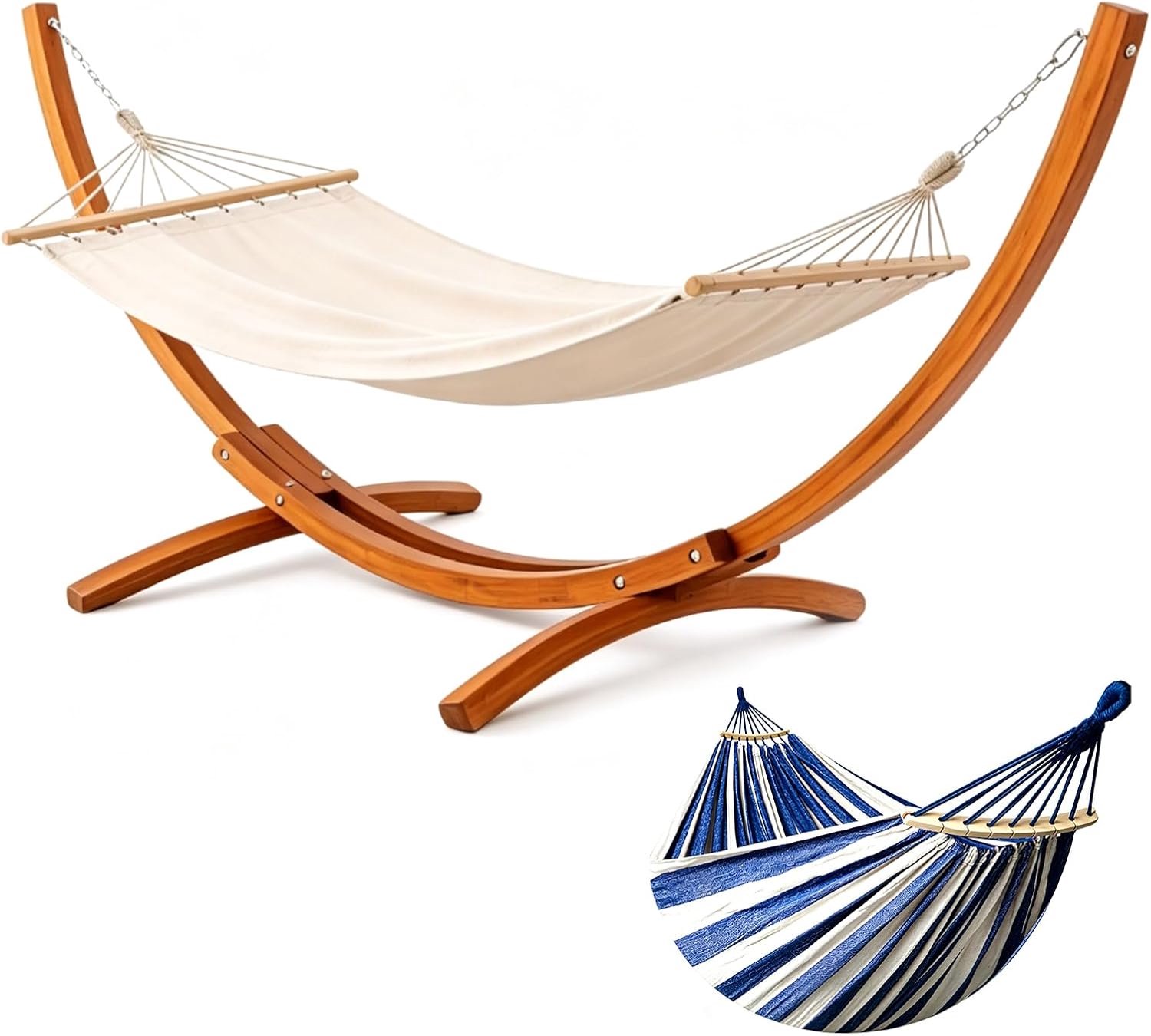 Hangmat met frame, met 2 hangmatten, 200 kg belastbaarheid, afmetingen: 320 x 120 x 120 cm, stabiel boogframe van massief grenenhout, voor tuin, terras en balkon (blauw)