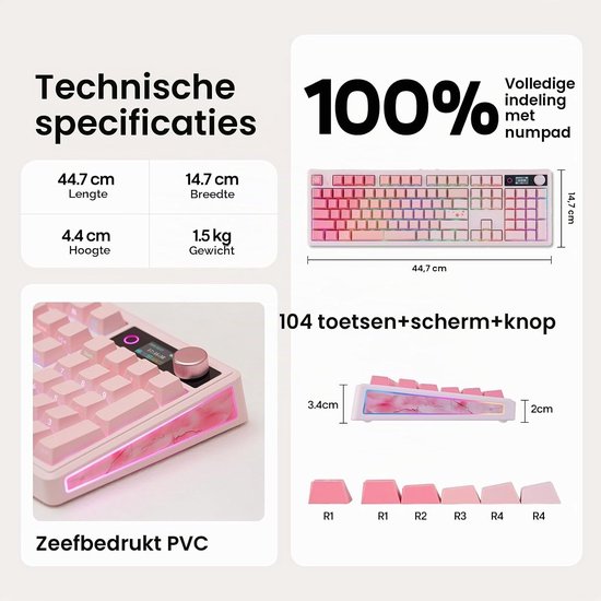 Volledig mechanisch toetsenbord met scherm en knoppen, 10000mAh batterij, BT/2.4GHz, PBT keycaps, hot swap, RGB verlichting, gasket ontwerp, draadloos gaming toetsenbord voor Mac en PC (roze, zeezout stil) — afbeelding 5