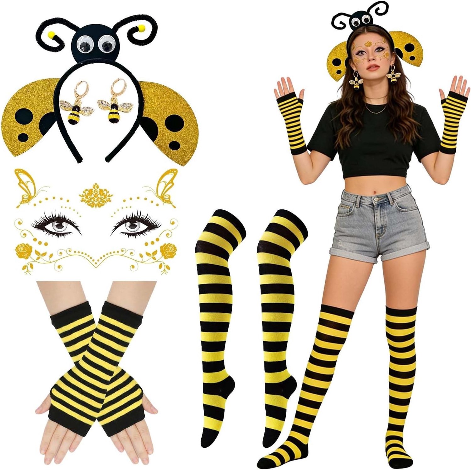 Vrouwelijk Bijenkostuum, 5-delig Set met Hoofdband, Handschoenen, Oorbellen, Oogmasker en Beenwarmers, Ideaal voor Feestjes en Evenementen, Zwart-Geel