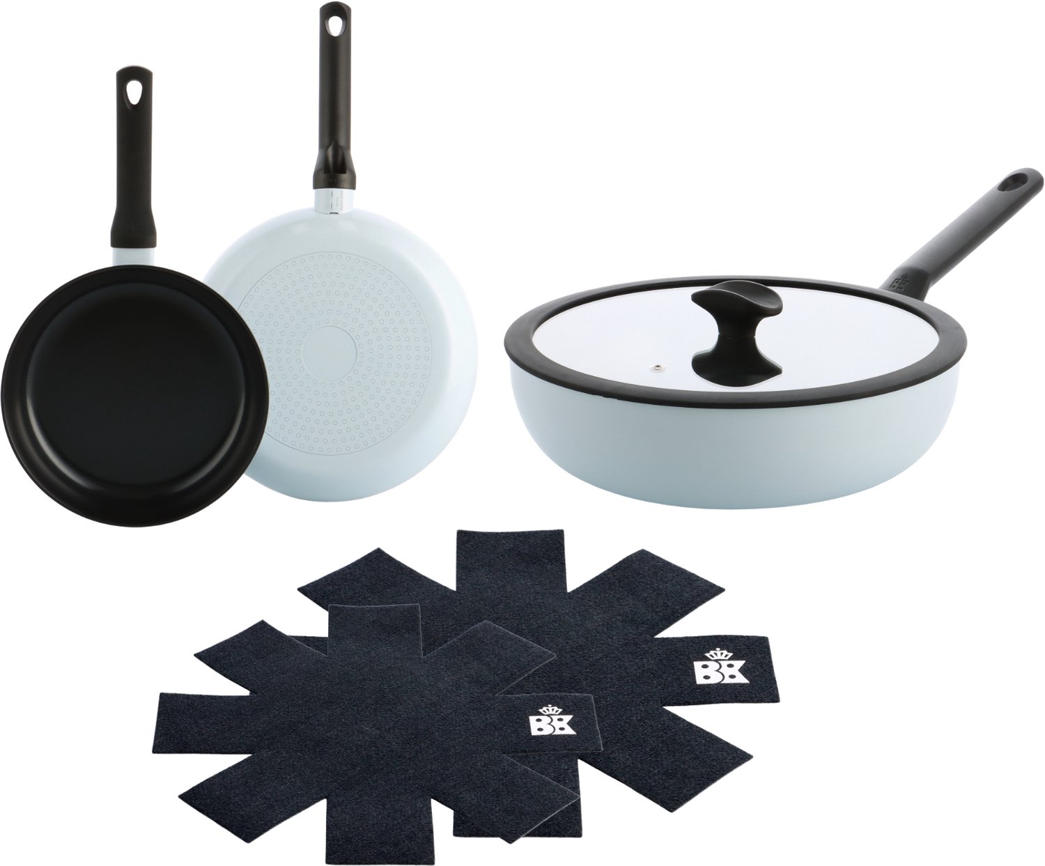 BK Enjoy Pannenset 3-delig - Koekenpan 24/28cm - Wokpan met deksel 28cm/4.2L - PFAS-vrije antikleeflaag - Pannenset inductie - Keramische pan - Ovenbestendig tot 160°C - Koudgrepen - Met Pan protectors - Lichtblauw