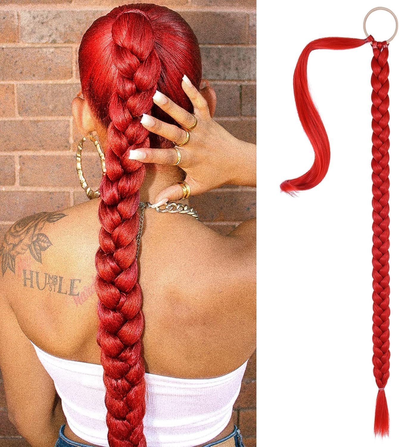 Ponytail Haarverlenging met Elastische Band, 80 cm, Natuurlijke Zachte Vlecht voor Ponytails en Vlechten in Wijnrood, Ideaal voor Volumineuze Haarstijlen
