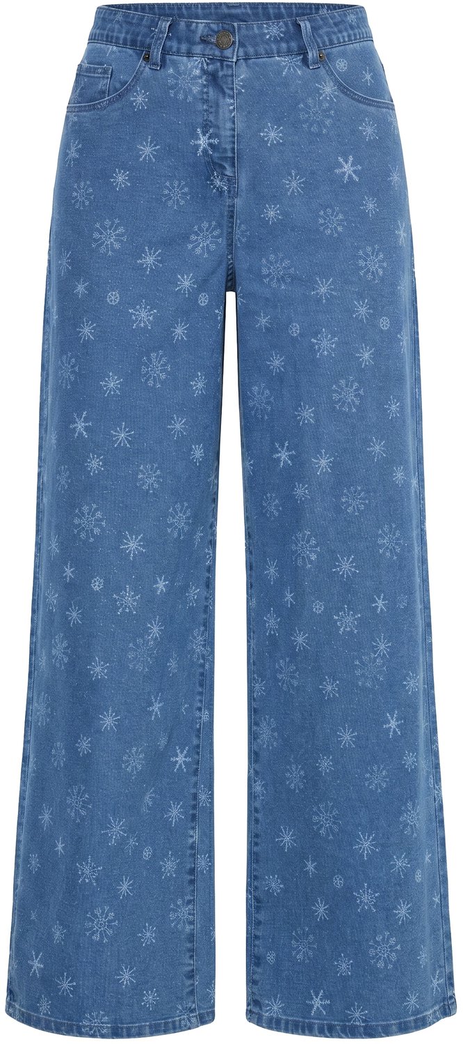 Ulla Popken - Dames - Jeans Mary sneeuwvlokken wijde rechte pijpen - Blauw denim - Maat 54