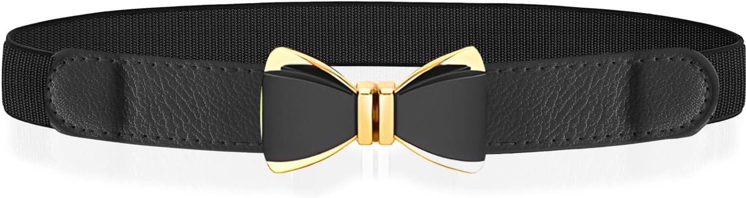 Vintage Stretch Waist Belt for Women with Large Bow Buckle, Slim Elastic Belt for Dresses (Black) - ShopVlot