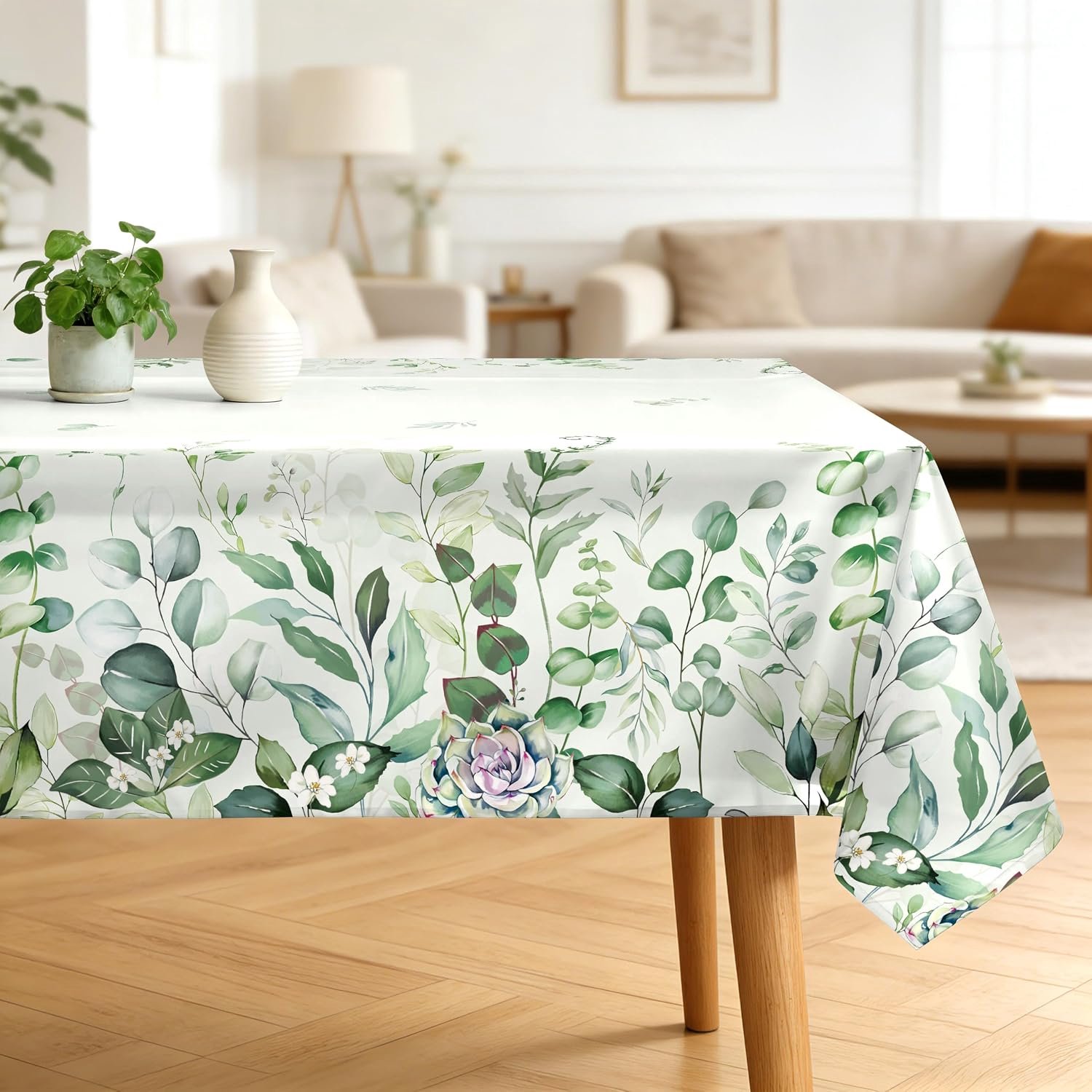 Eucalyptus bladeren tafelkleed, waterdicht, groene planten zomer tafelkleed rechthoek, wasbaar tafelkleed voor feest, picknick, bruiloft, buiten dineren decoratie (152 x 264 cm)