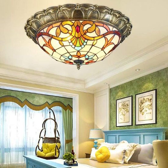 Vintage led-plafondlamp, gekleurd glas, rond, plafondlamp, 3000 K, warm wit licht, retro, glas-in-lood, plafondverlichting voor slaapkamer, woonkamer, eetkamer, café, bronskleurig, metaal — afbeelding 2