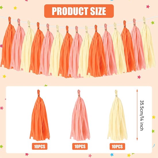 30 Stuks Quasten Slinger Decoratie Oranje Beige van Papier – Quasten Slinger van Zijdepapier voor Feest Tuinfeest Woonkamer Herfst Decoratie – Wanddecoratie Tafeldecoratie Verjaardag Bruiloft — afbeelding 4