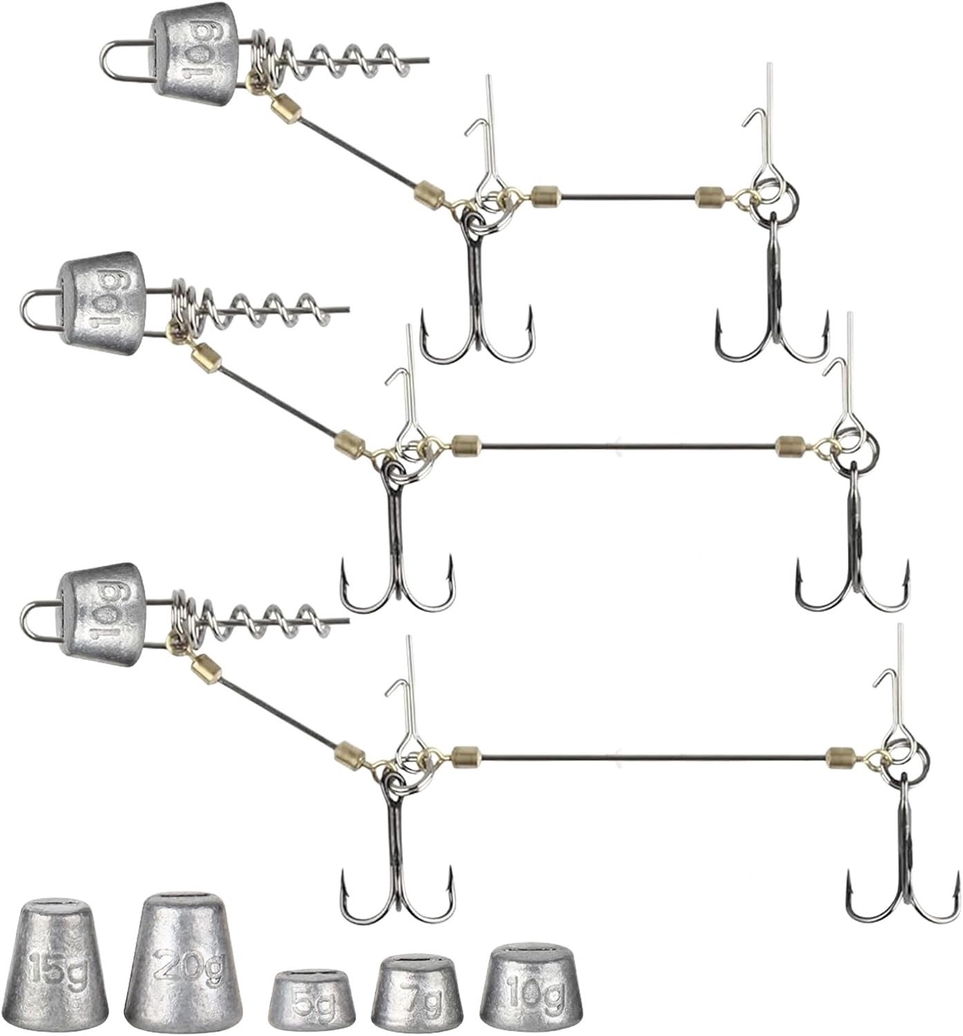 Set van 3 Stinger Haken met Voorvak Systeem en 5 Verwisselbare Gewichten, Ideaal voor Snoekvissen met Rubber Vissen en Jigkoppen, Geschikt voor Aas van 10, 13, 18 cm, Maten S, M, L