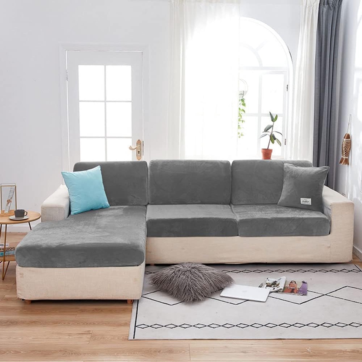 Fluwelen stretch bankkussenhoes, Pluche Kussenhoes voor Stoel Loveseat Sofa Meubelbeschermer Zitkussen met Elastische Bodem -donker grijs-L-4 zits