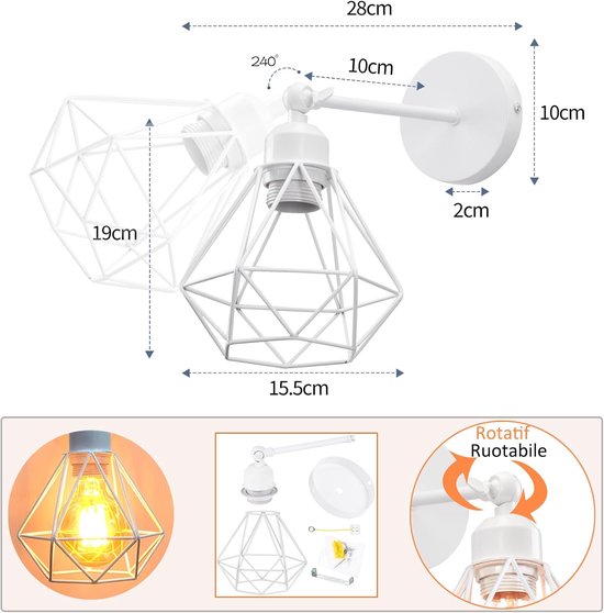 2 stuks Muurlampen Binnen Vintage Wandlamp Industriële Plafondlamp metalen kooi design Ø 160 mm Retro Verstelbare 180° verlichting voor Keuken Woonkamer Slaapkamer — afbeelding 5