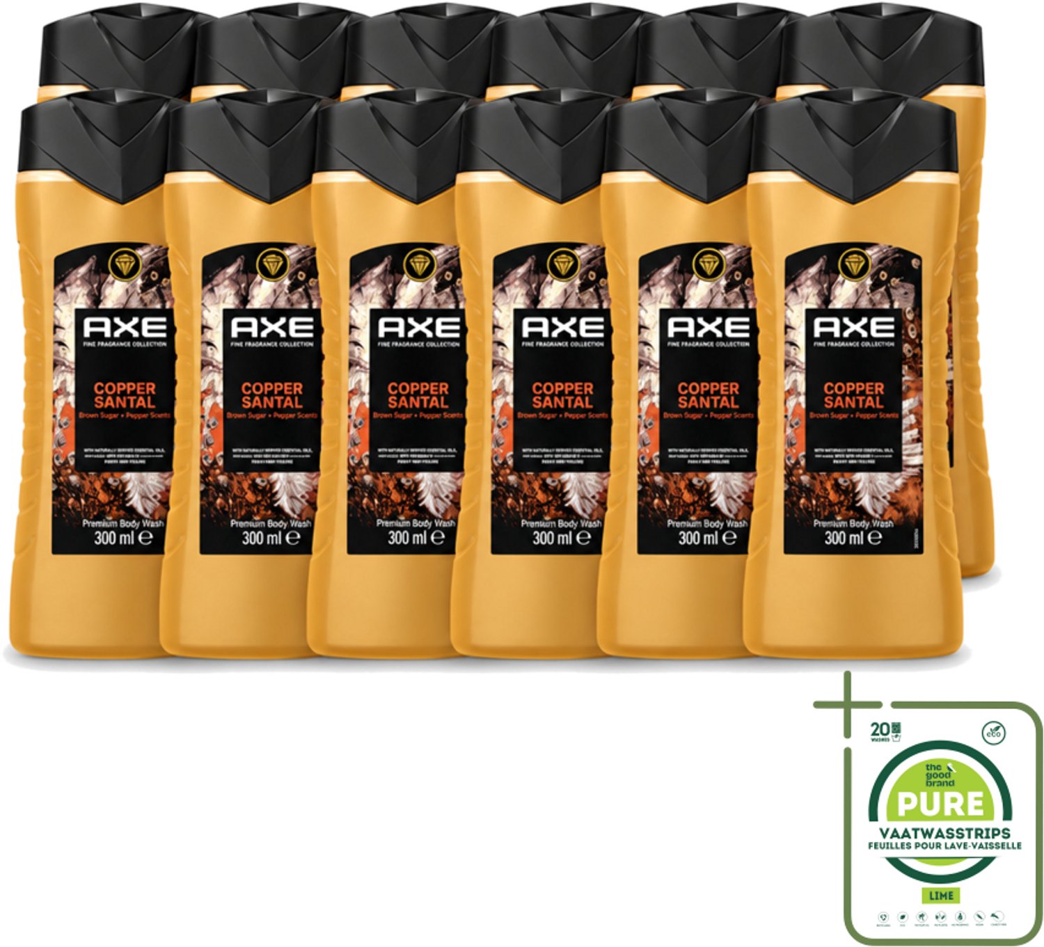 12 x Axe – Douchegel – Copper Santal – 300 ml - Grootverpakking - Vaatwasstrips - Douchegel - Koper - Sandelhout - Mannelijke Geur - Reiniging