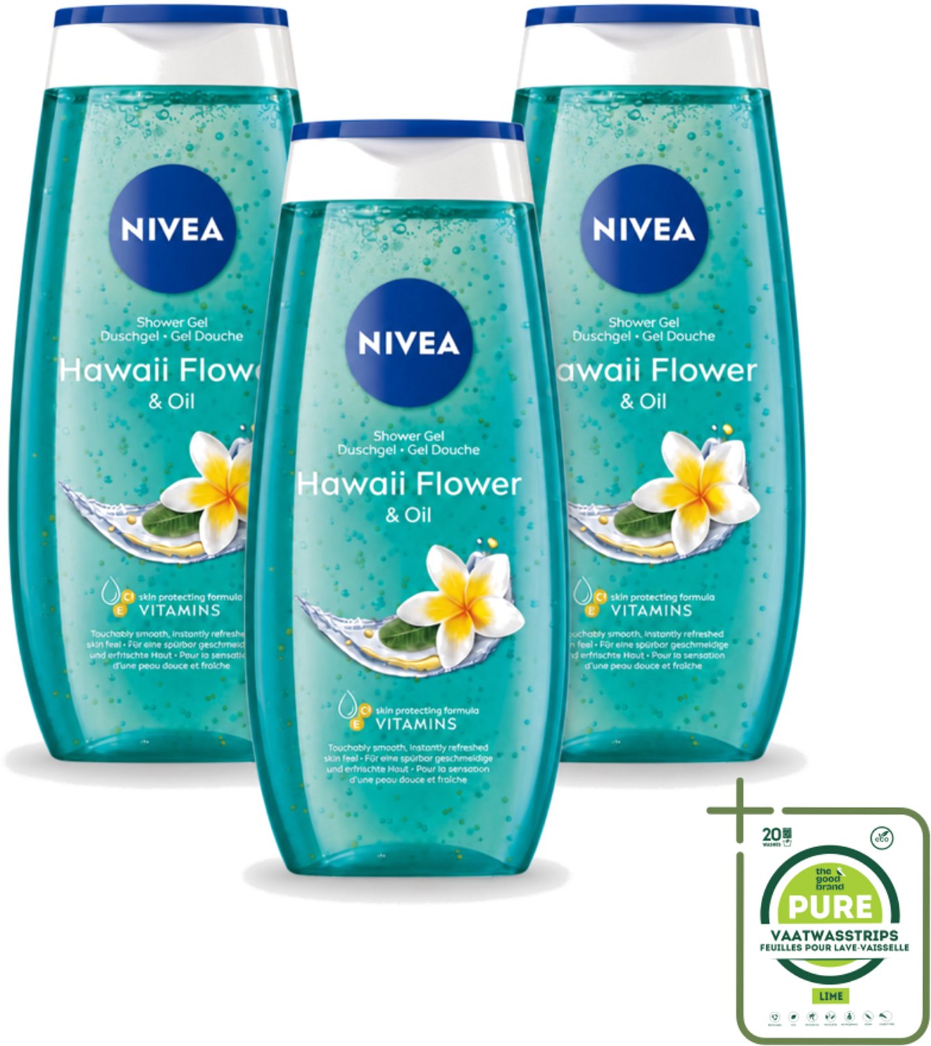 3 x Nivea – Douchegel – Hawaii Flower & Oil – 250 ml - Grootverpakking - Vaatwasstrips - Douchegel Hawaii - Douchegel Met Olie - Huid Verzorging - Huid Hydraat - Huid Comfort
