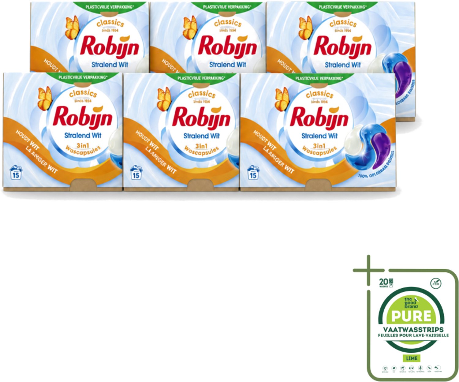 6 x Robijn – 3-in-1 Wascapsules – Stralend Wit – 15 capsules - Grootverpakking - Vaatwasstrips - Wit Was - Stralend Wit - Wascapsules - White Serum - Wasbescherming