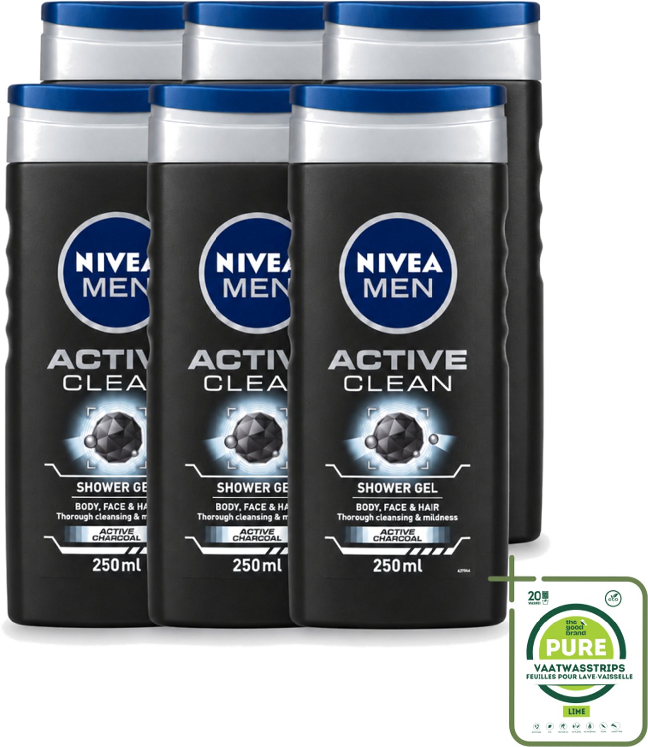6 x Nivea Men – Douchegel – Active Clean – 250 ml - Grootverpakking - Vaatwasstrips - Douchegel Mannen - Reiniging Huid - Actieve Houtskool - Vuil Verwijderen - Huid Verzorging