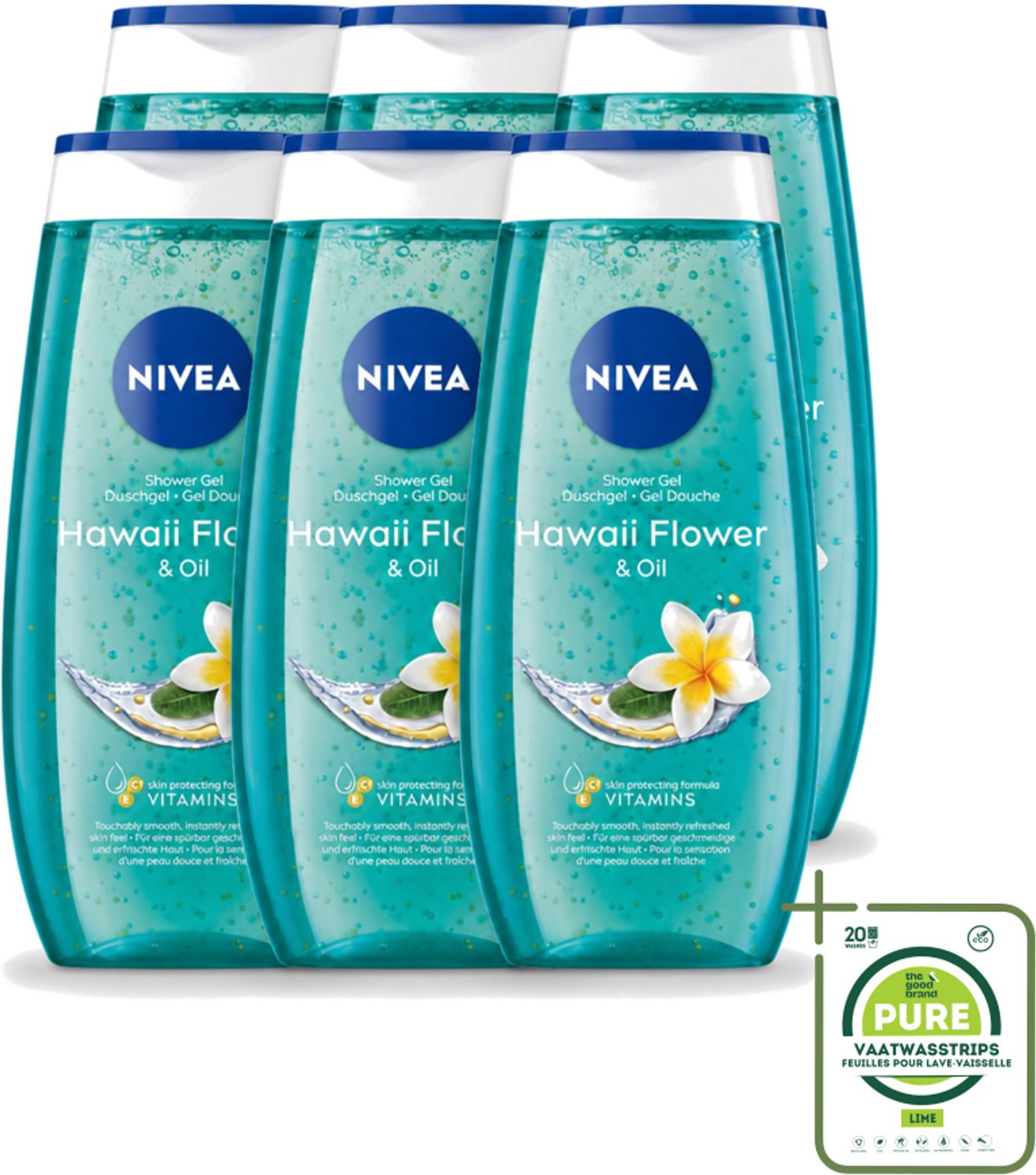 6 x Nivea – Douchegel – Hawaii Flower & Oil – 250 ml - Grootverpakking - Vaatwasstrips - Douchegel Hawaii - Douchegel Met Olie - Huid Verzorging - Huid Hydraat - Huid Comfort