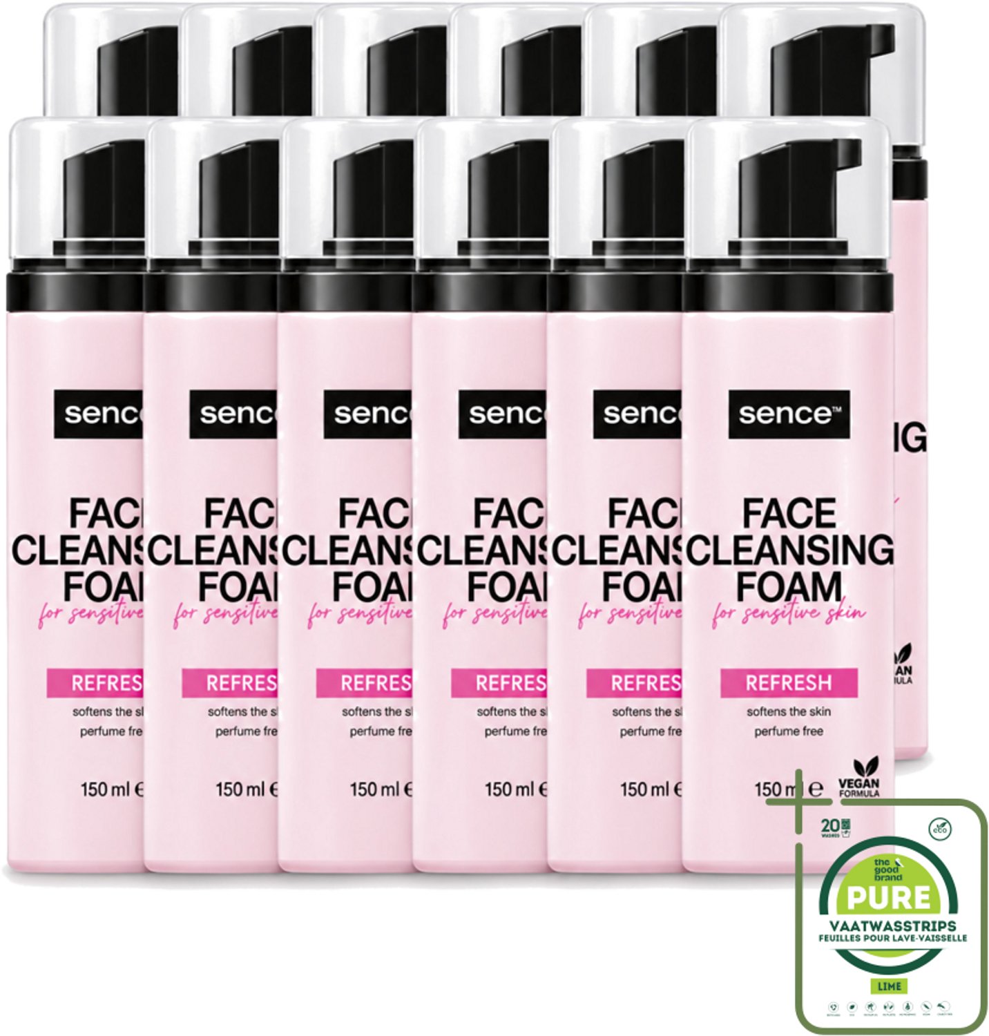 12 x Sence - Gevoelige Huid - Gezichtsreiniger - Foam - 150 ml - Grootverpakking - Vaatwasstrips - Gevoelige Huid Reinigen - Gezichtsreiniger Foam - Poriën Reinigen - Make-up Verwijderen - Kalmerende Reiniger