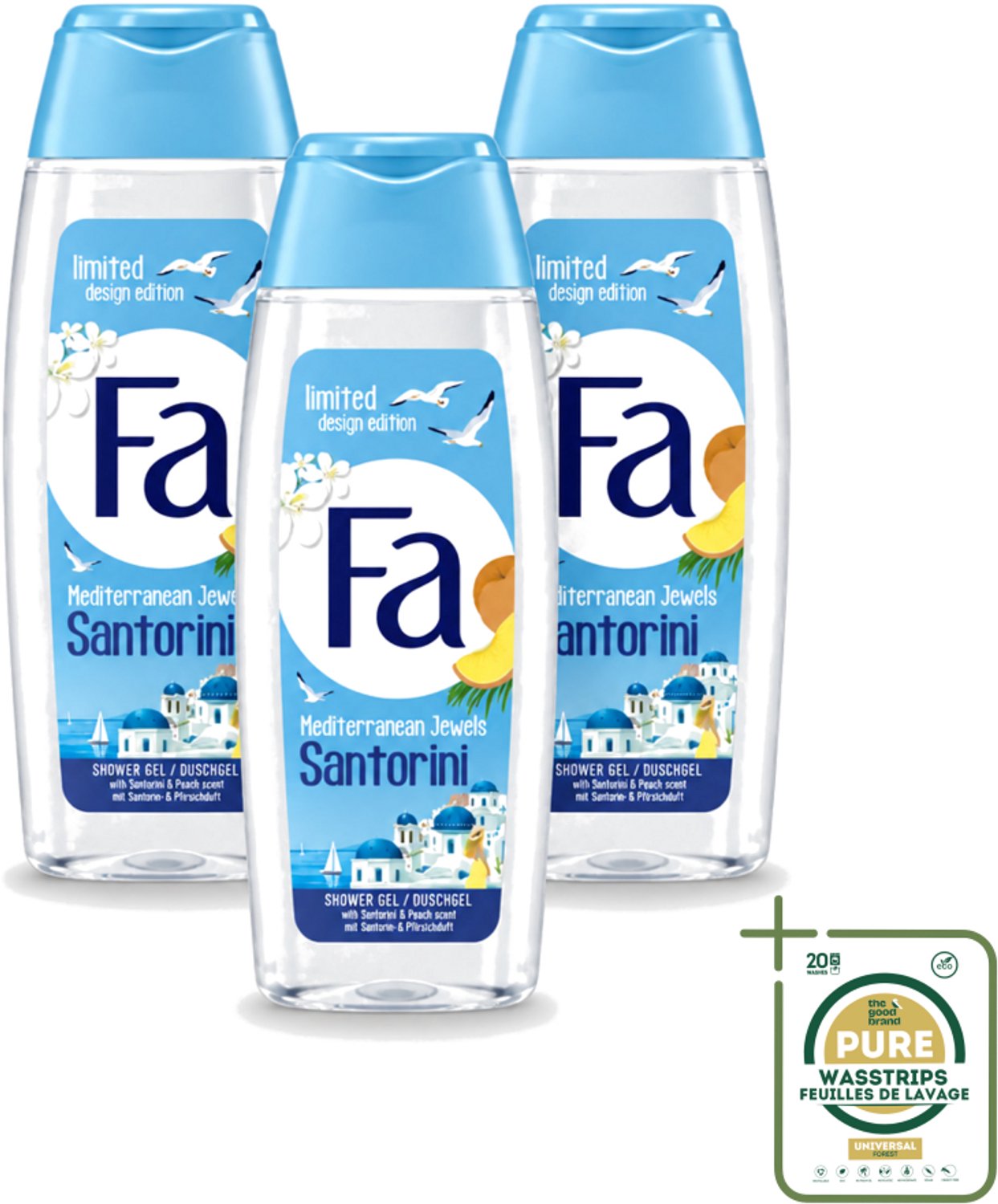 3 x Fa - Douchegel - Mediterranean Jewels Santorini - Verfrissend & Hydraterend - Verzachtend - 250 ml - Wasstrips - Douchegel Santorini - Verfrissend - Hydraterend - Verzachtend - Mediterrane Geur