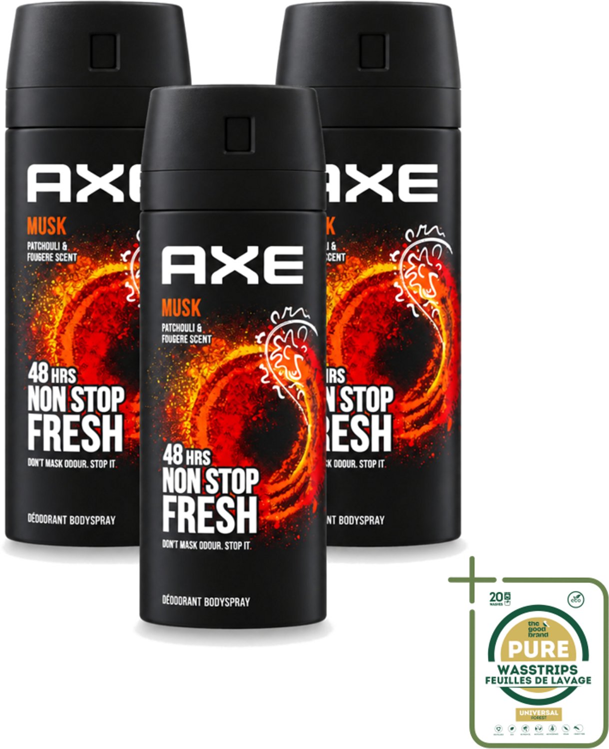 3 x Axe - Deodorant Bodyspray - 48hrs Non Stop Fresh - Musk - Patchouli & Fougere - 150 ml - Wasstrips - Axe Musk Deodorant - Musk Deodorant - Deodorant Bodyspray - 48h Fresh - Musk Geur