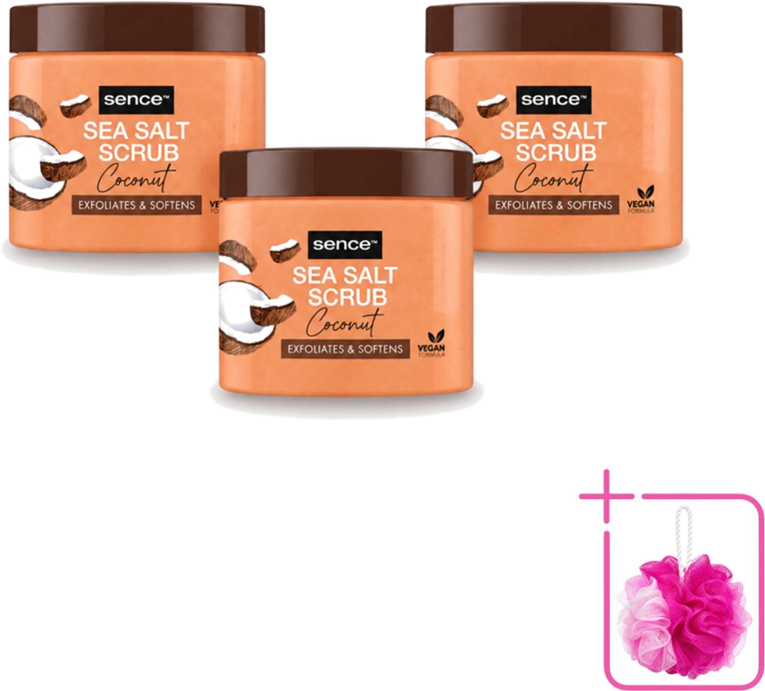 3 x Sence - Coconut - Bodyscrub - Verzorgend - 500 g - Bulkverpakking - Bodyscrub kokos - Douchemop - Huid verzorging