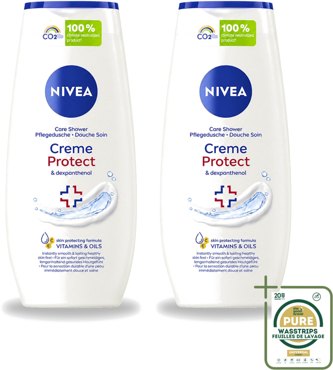 2 x Nivea - Douchegel - Crème Protect & Dexpantenol - Unieke Nivea Crème Geur - 250 ml - Wasstrips - Douchegel - Huidverzorging - Vitamine C - Vitamine E - Dexpanthenol