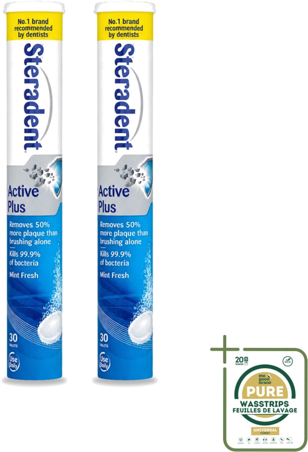 2 x Steradent - Reinigingstabletten - Active Plus - Tegen Tandsteen & Bacteriën - 30 Tabletten - Wasstrips - Kunstgebit Reinigen - Tandsteen Verwijderen - Bacteriën Doden - Mondhygiëne - Adem Verfrissen