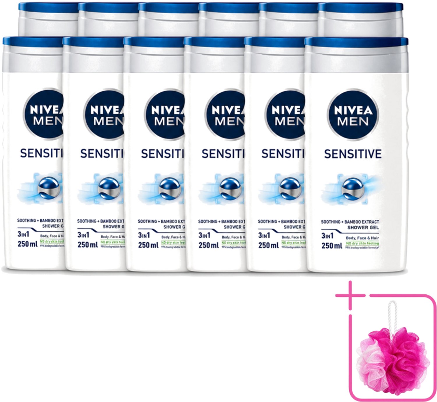 12 x Nivea - Men - Sensitive Douchegel - Hydraterend - 250 ml - Bulkverpakking - Gevoelige huid - Douchemop - Douchegel