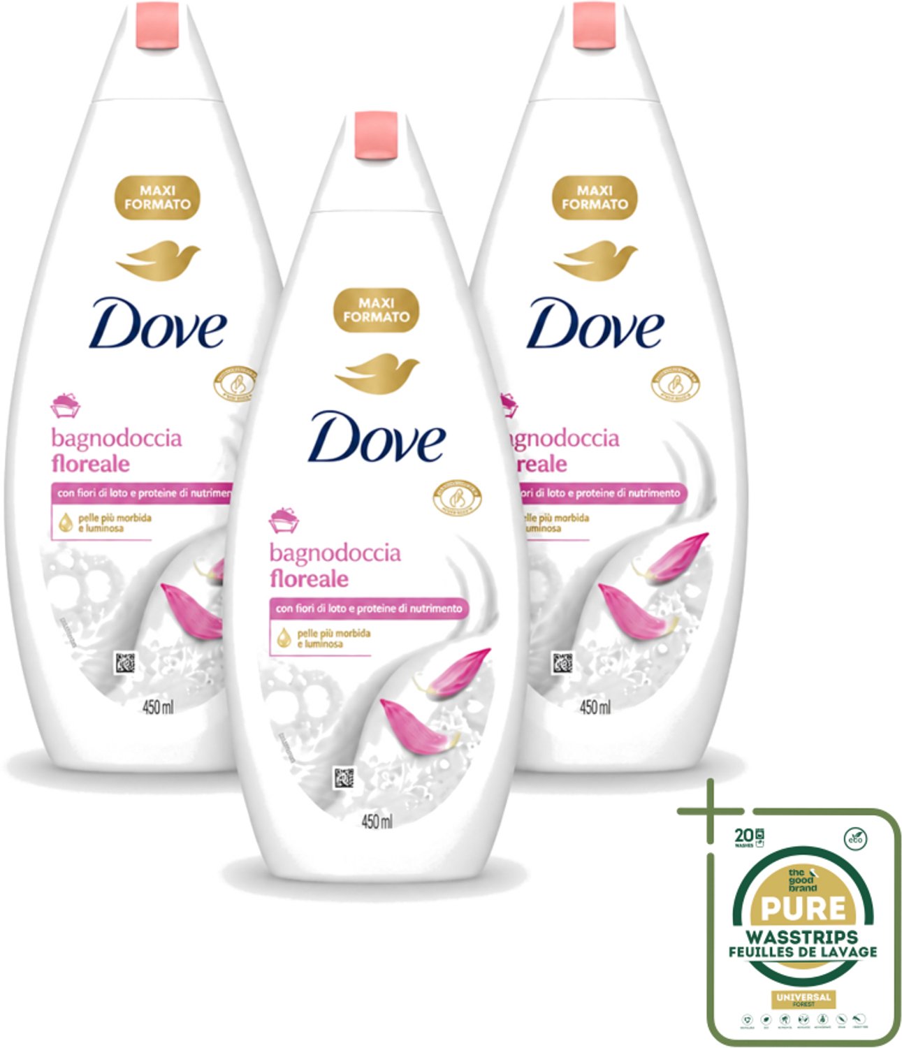 3 x Dove – Douchegel – Lotus Bloem – 450 ml - Wasstrips - Douchegel Lotus Bloem - Mild Reinigen - Huid Verzorgen - Hydraterende Douchegel - Lotusbloemextract