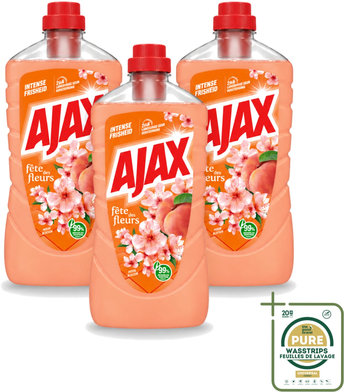 3 x Ajax – Allesreiniger – Perzik – 1000 ml - Wasstrips - Allesreiniger Perzik - Reiniging - Frisheid - Perzikgeur - Huishoudelijke Reiniging