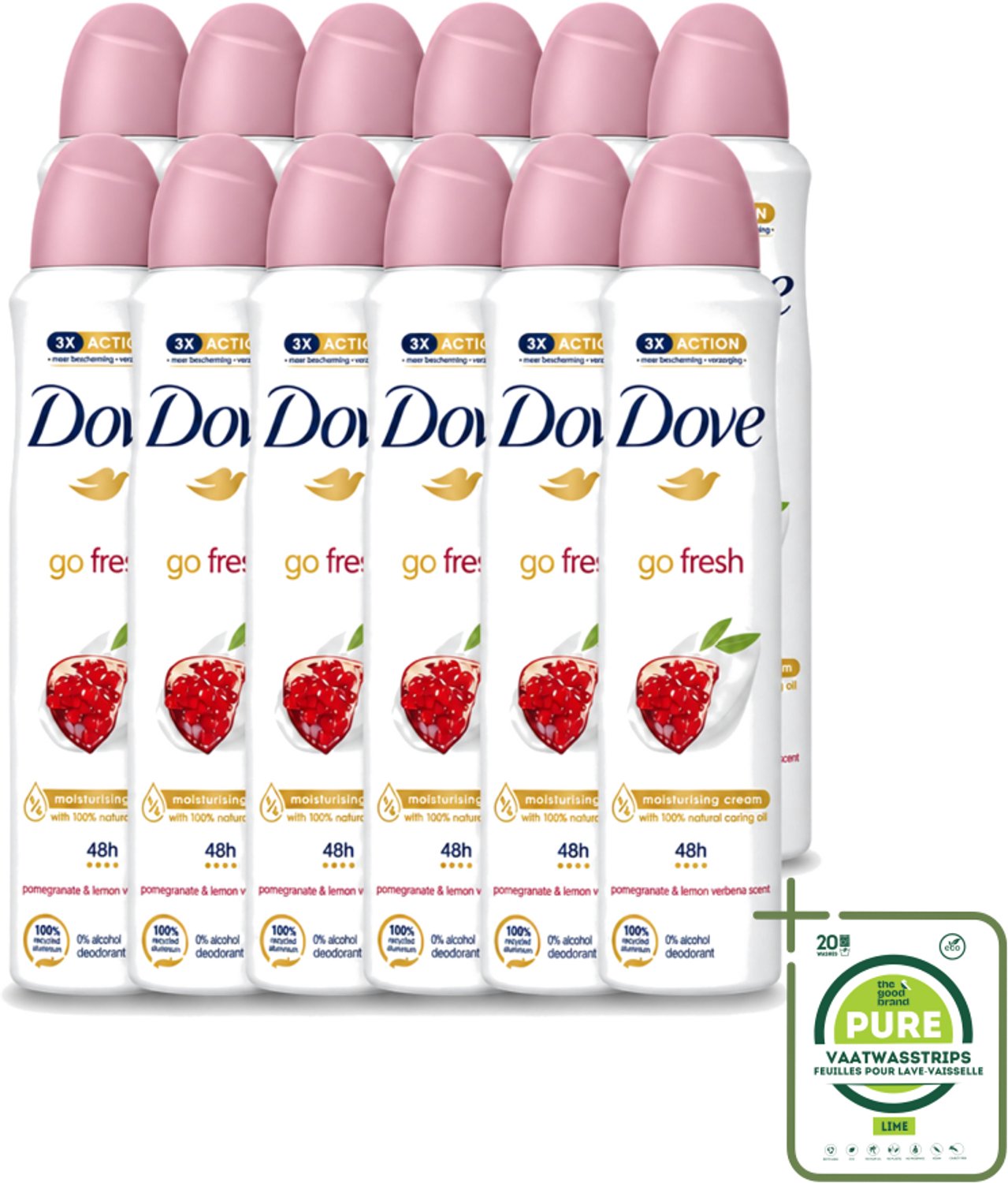 12 x Dove - Deodorant - Spray Go Fresh - Granaatappel - Fruitige geur - 250 ml - Grootverpakking - Vaatwasstrips - Dove Deodorant Spray - Geurige Anti-transpirant - Frisheid - Fruitige Geur - Gevoelige Huid