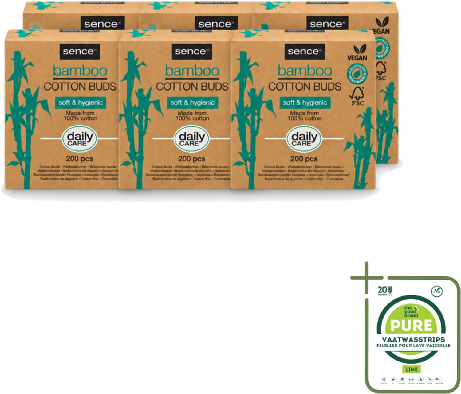 6 x Sence - Bamboe - Wattenstaafjes - Afbreekbaar & Vegan - 200 Wattenstaafjes - Grootverpakking - Vaatwasstrips - Bamboe Wattenstaafjes - Vegan Wattenstaafjes - Biologisch Afbreekbare Wattenstaafjes - Katoen Wattenstaafjes - Duurzame Verzorging