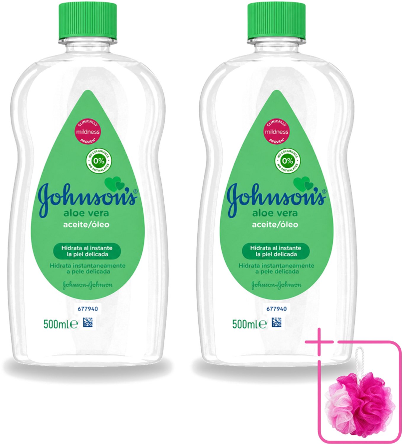 2 x Johnson's - Baby Olie - Aloe Vera - Hydrateerd Gevoelige Huid - 500 ml - Bulkverpakking - Babyolie - Douchemop - Aloe vera