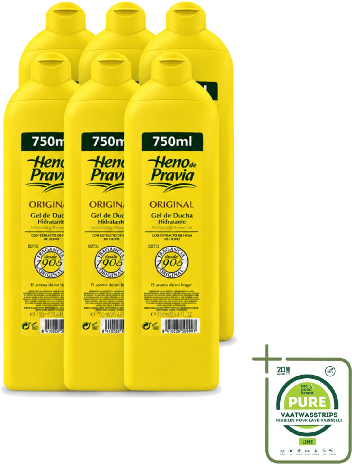 6 x Heno De Pravia - Douchegel - Original Geur - 750 ml - Grootverpakking - Vaatwasstrips - Douchegel - Huid Verzorging - Frisheid - Spaanse Geur - Mild Reinigen