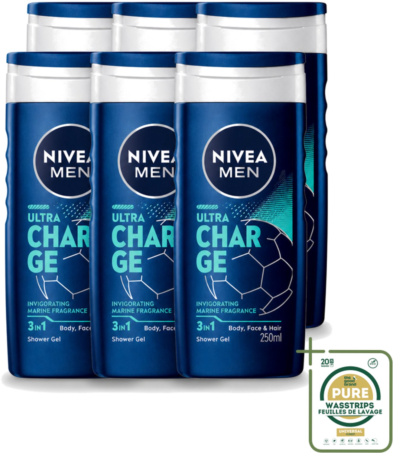 6 x Nivea Men – Douchegel – Ultra Charge – 250 ml - Wasstrips - Douchegel - Mannelijke Geur - Citrusgeur - Houtachtige Geur - Verzorging