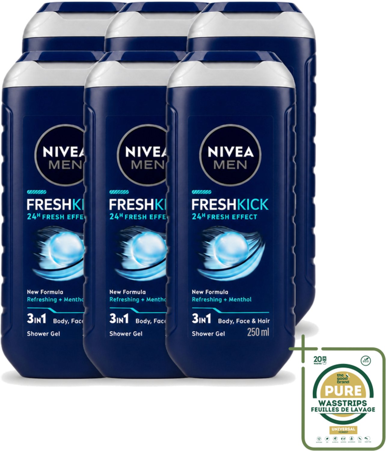 6 x Nivea Men – Douchegel – Fresh Kick – 250 ml - Wasstrips - Douchegel - Verfrissend - Munt - Verkoelend - Lichaam
