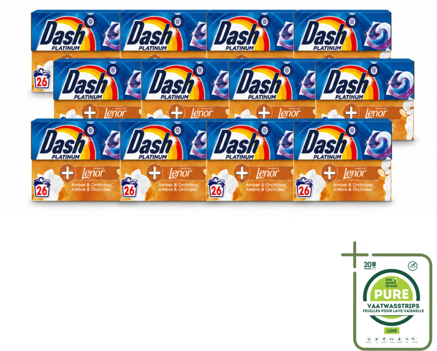 12 x Dash – Wasmiddelcapsules – 4in1 Pods Amber & Orchidee – 26 capsules - Grootverpakking - Vaatwasstrips - Wasmiddel - Waspod - Frisse Geur - Reiniging - Vlekverwijdering