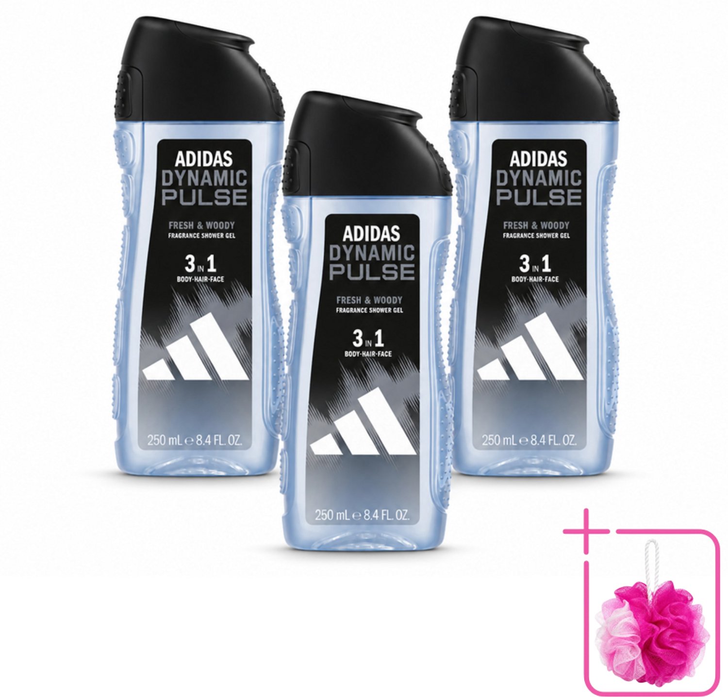 3 x Adidas – Douchegel 3-in-1 – Dynamic Pulse – 250 ml - Bulkverpakking - Douchegel - Douchemop - Sportieve geur