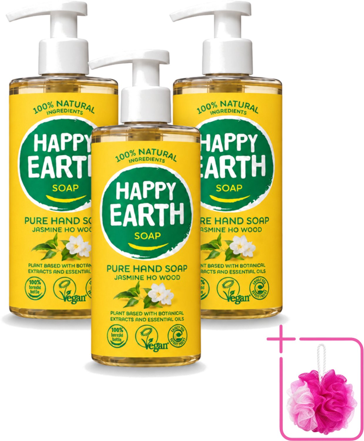 3 x Happy Earth – Handzeep – 100% Natuurlijk Jasmine Ho Wood – 300 ml - Bulkverpakking - Natuurlijke handzeep - Douchemop - Vegan handzeep