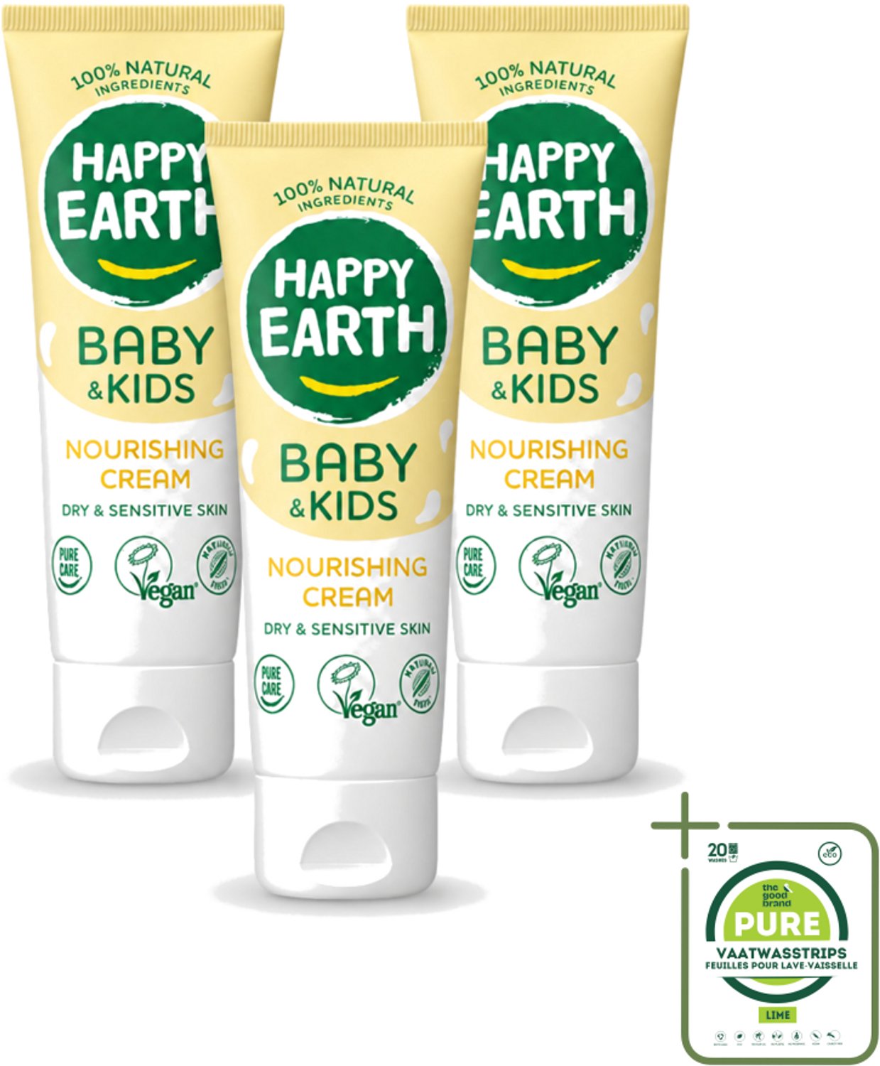 3 x Happy Earth – Nourishing Cream – 100% Natuurlijk Baby & Kids – 75 ml - Grootverpakking - Vaatwasstrips - Natuurlijke Crème - Gevoelige Huid - Baby Crème - Droge Huid - Sheaboter