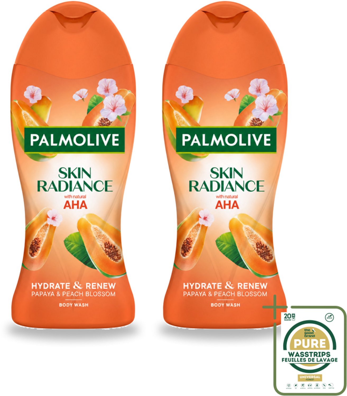 2 x Palmolive – Douchegel – Skin Radiance Papaya Peach – 250 ml - Wasstrips - Douchegel - Exfoliatie - Huidverheldering - Natuurlijke AHA - Papaja-extract