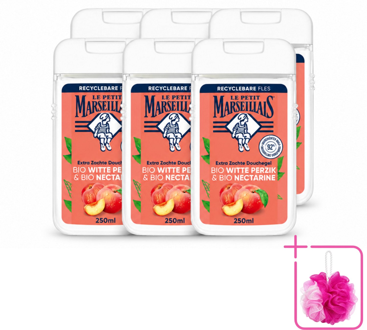 6 x Le Petit Marseillais – Douchegel – Bio Perzik & Nectarine – Verfrissend – 250 ml - Bulkverpakking - Douchegel bio perzik en nectarine - Douchemop - Frisse douchegel