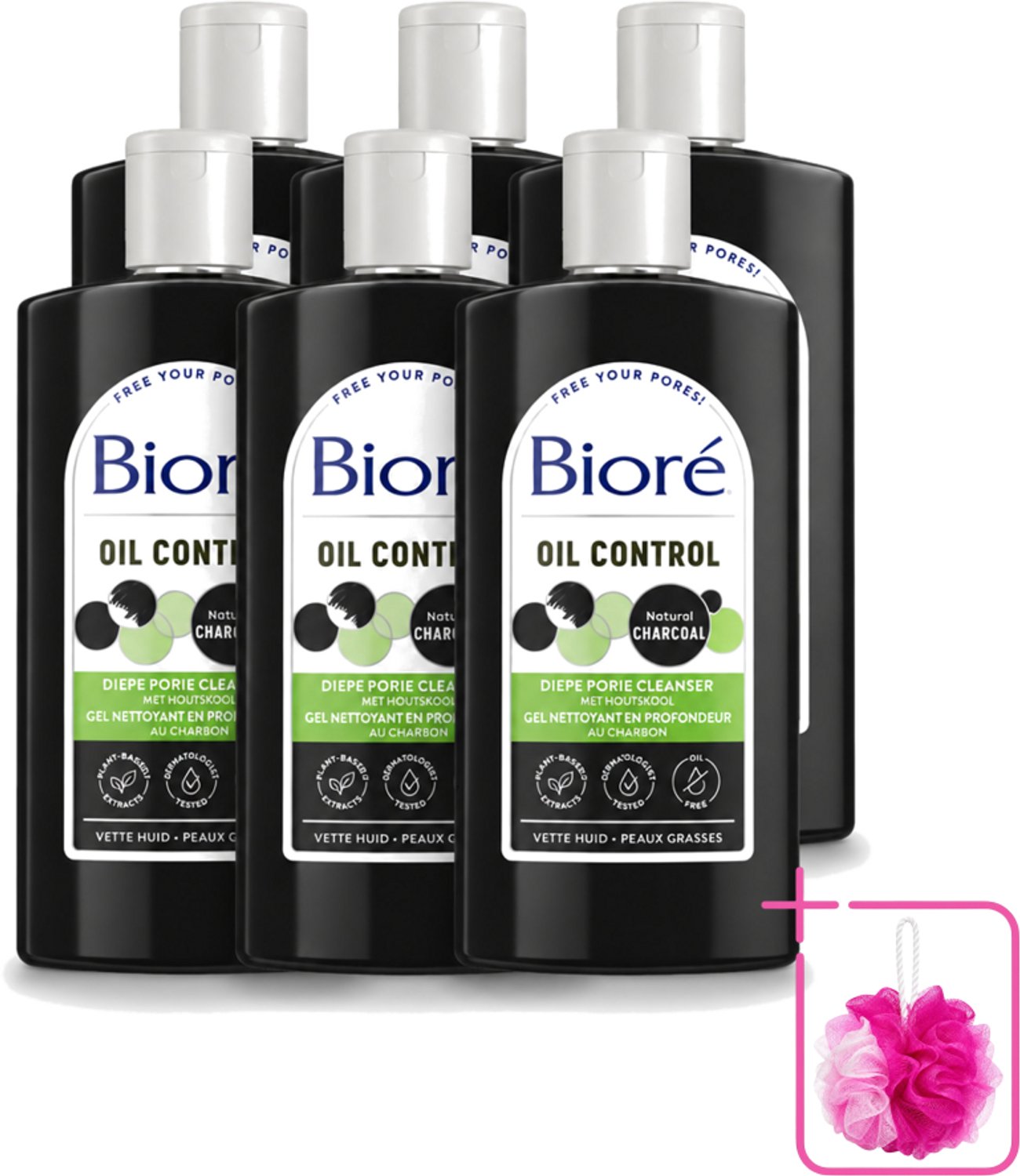 6 x Bioré – Houtskool Reinigingsgel – Gezichtsreiniger – 200 ml - Bulkverpakking - Gezichtsreiniger - Douchemop - Houtskool