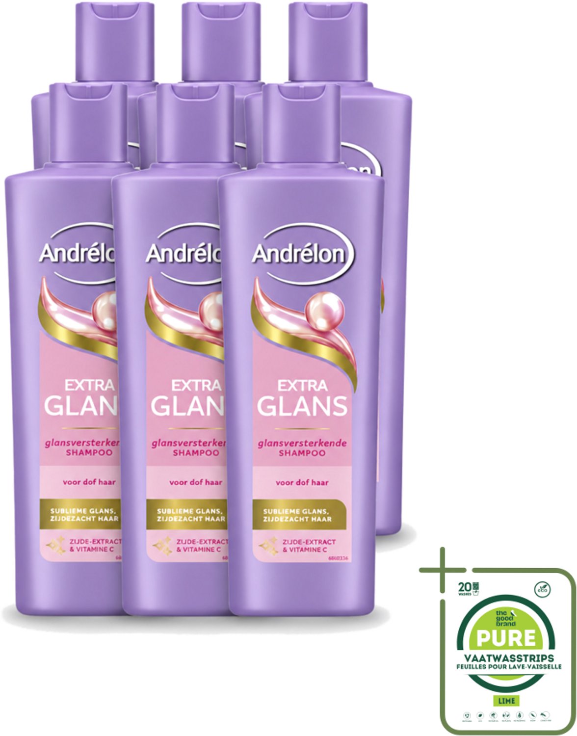 6 x Andrélon – Shampoo – Extra Glans – 250 ml - Grootverpakking - Vaatwasstrips - Glans Haar - Stralend Haar - Zacht Haar - Verzorgd Haar - Dof Haar