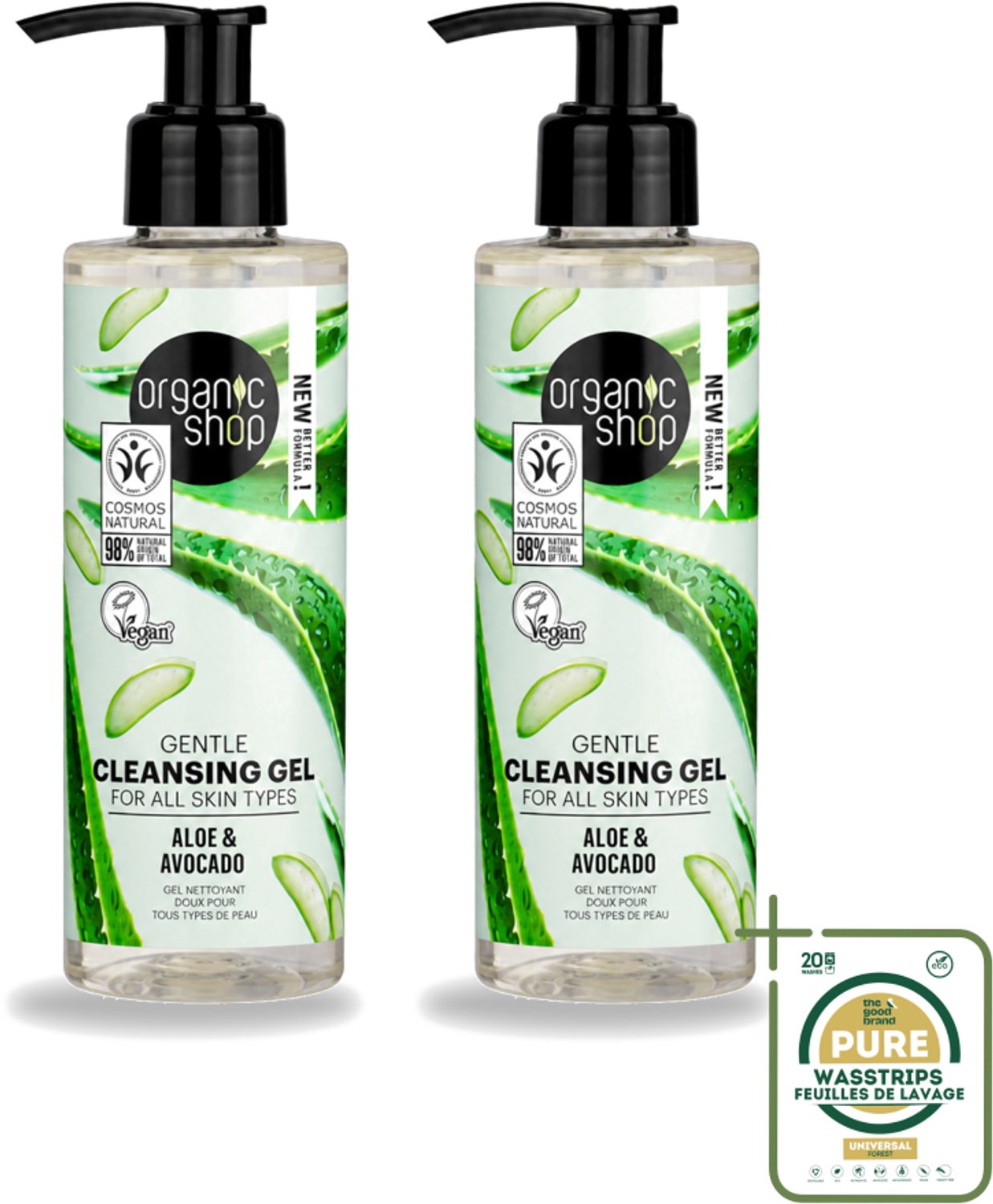 2 x Organic Shop - Cleansing Gel Avocado & Aloe - Verfrissend en Hydraterend - 200 ml - Wasstrips - Gezichtsreiniger - Natuurlijke Reiniger - Avocado-olie - Aloë-extract - Hydraterende Reiniger