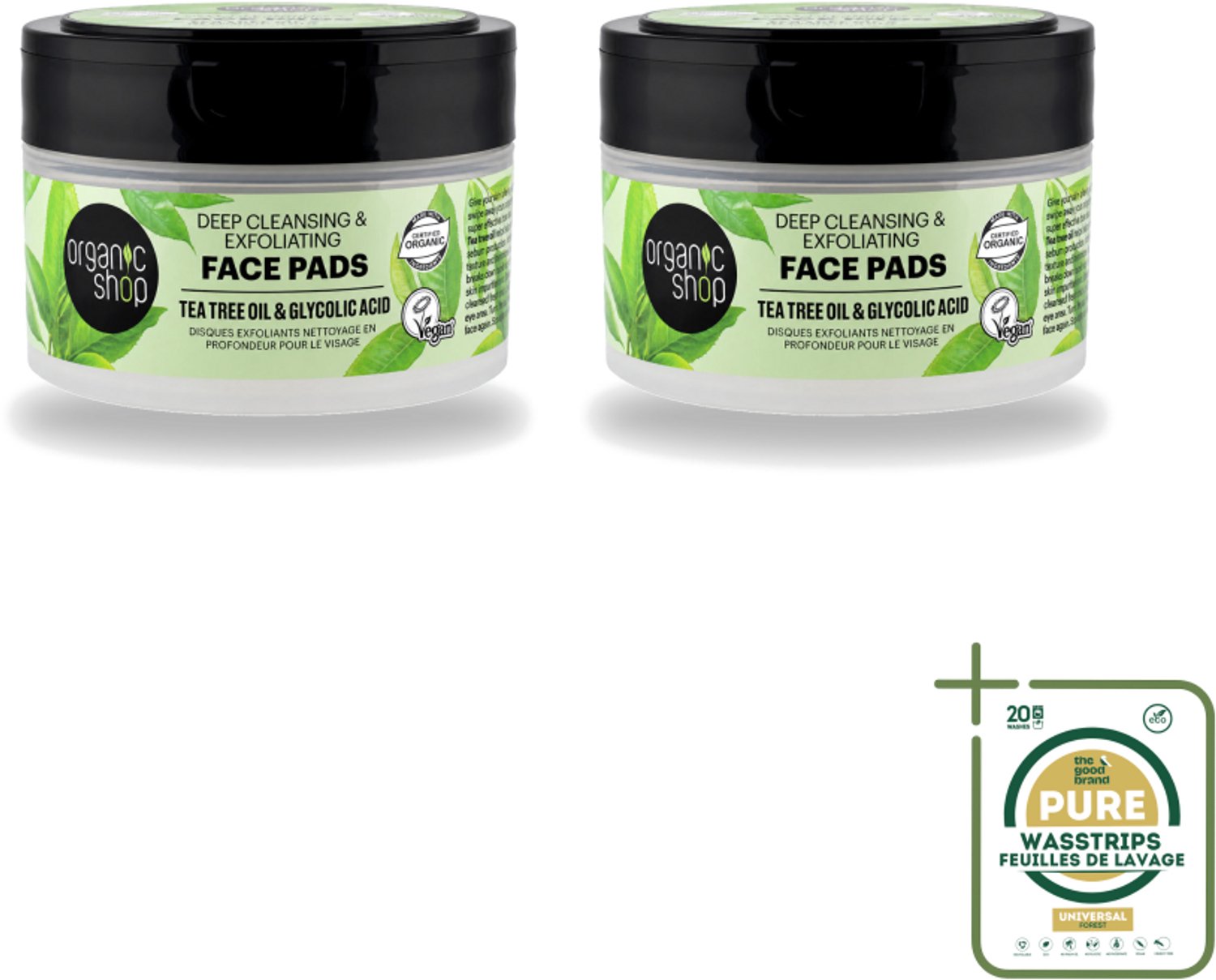 2 x Organic Shop - Face Pads Deep Cleansing - Verfrissend en Reinigen - 20 Pads - Wasstrips - Gezichtsreiniging - Diepe Reiniging - Tea Tree Olie - Glycolzuur - Exfolierend